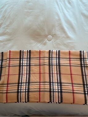 Classic Tan Plaid Scarf with Red and Black Accents